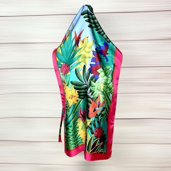 Perry Ellis Oblong Silk Scarf Bright Green Pink Tropical Floral 17x64” Japan Vtg - Picture 2 of 12